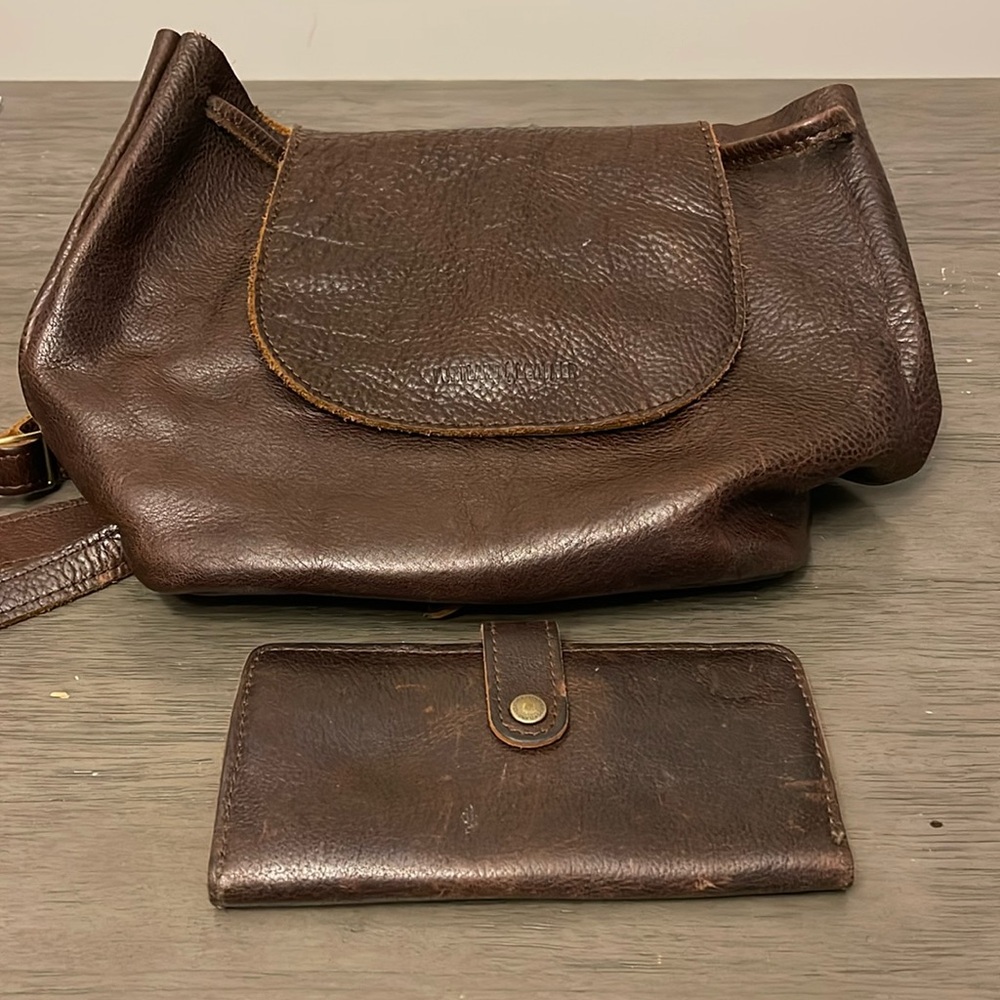 Portland leather goods backpack and wallet chocolate brown GUC